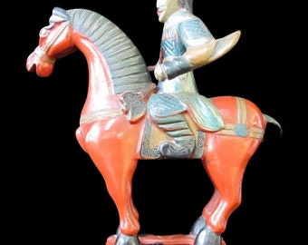 CHINESE Figural LACQUERWARE Figurine Man on Horse w/Finely Carved Rosewood Stand