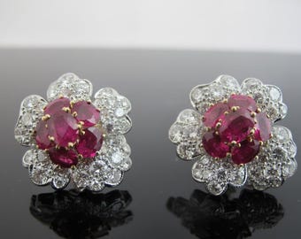 Natural RUBY & Diamond FLOWER Burst 14k White Gold Post Back Earrings