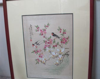 CHINESE Cherry FLOWER Blossoms & 2 BIRDS on Branches Framed  Painting on Cloth