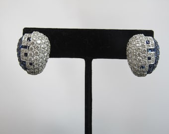 ART DECO Diamond & Blue SAPPPHIRE 18k White Gold French Back Dome Post Earring