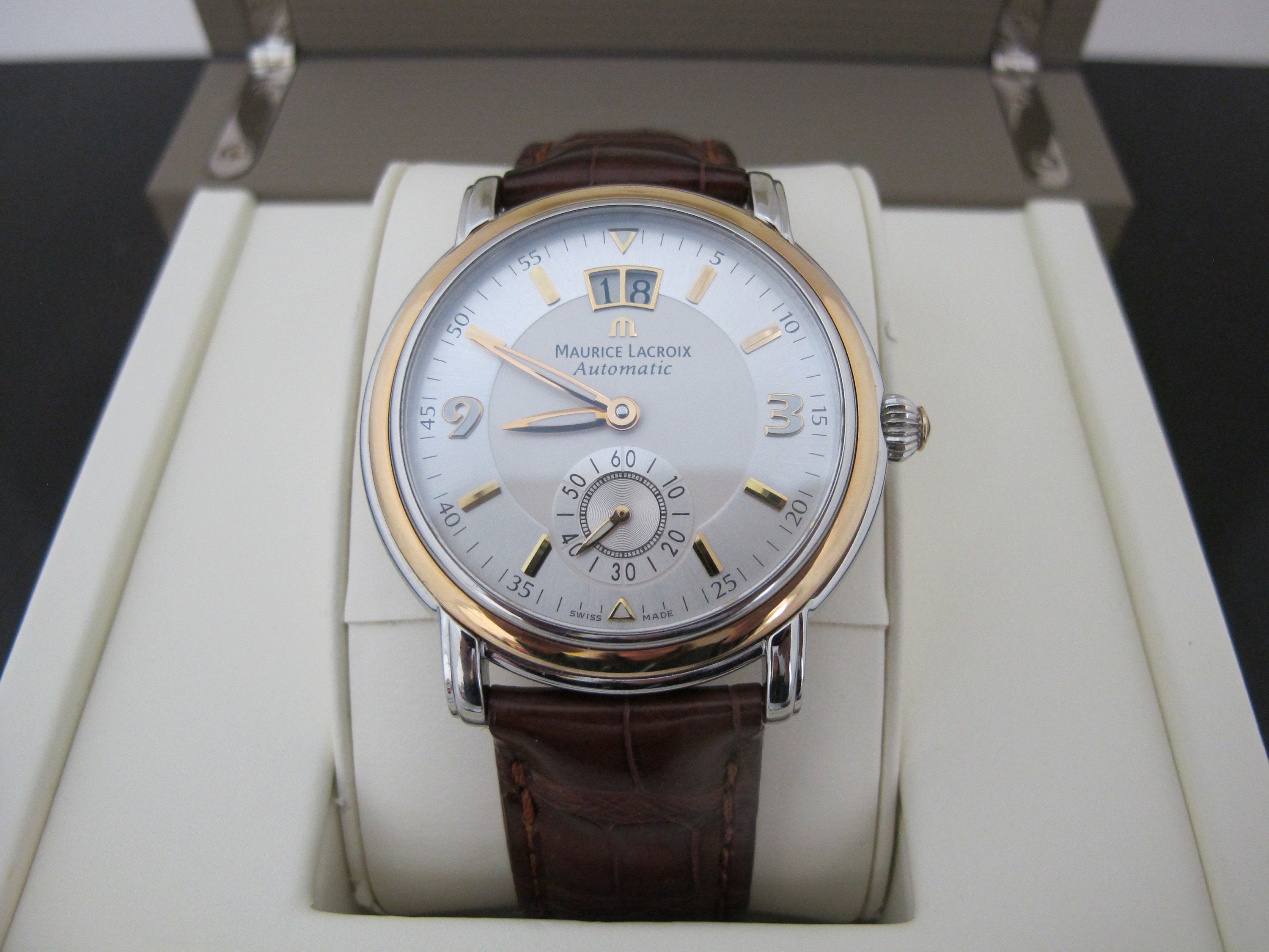 MAURICE LACROIX Switzerland Masterpiece Grand Guichet 18k Gold Watch in Box