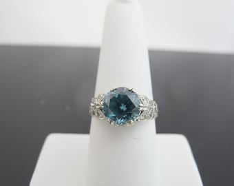 ART DECO Platinum Bright Blue ZIRCON Diamond Flower & Leaf Accent Cocktail Ring