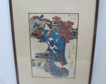 KIKUGAWA EIZAN Japanese Antique Framed Wood Block Print BIJIN with Shamisen