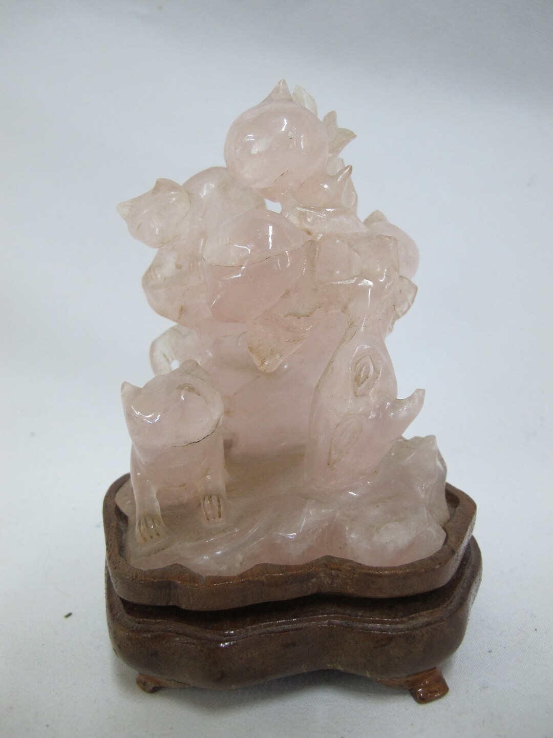 Vintage CHINESE Pink Rose QUARTZ Carving of CATS in Tree With Blossoms