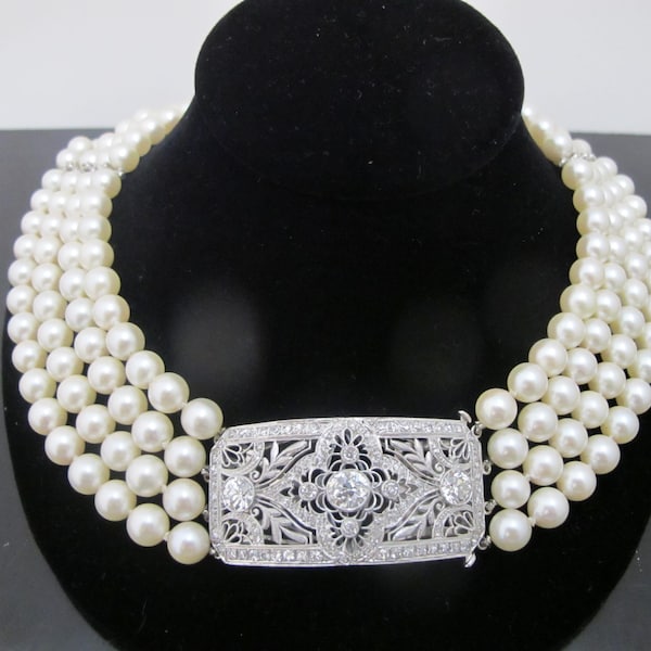 EDWARDIAN  Old European DIAMOND & Akoya PEARL Filigree Platinum Choker Necklace