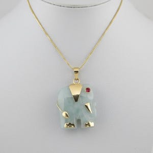 Chinese JADE Elephant with RUBY Eye 14k Yellow Gold Pendant & Chain Necklace