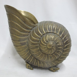 May include: A brass nautilus shell sculpture with a textured surface. The shell is in a spiral shape with a flared opening and rests on three small feet. The sculpture has a metallic finish.
