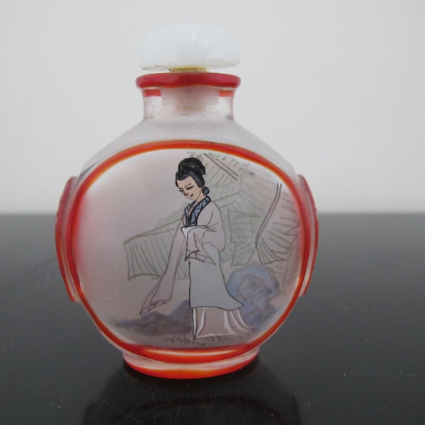 CHINESE Red Glass Reverse Painted Female & Mountainscape 2 Sided SNUFF Bottle