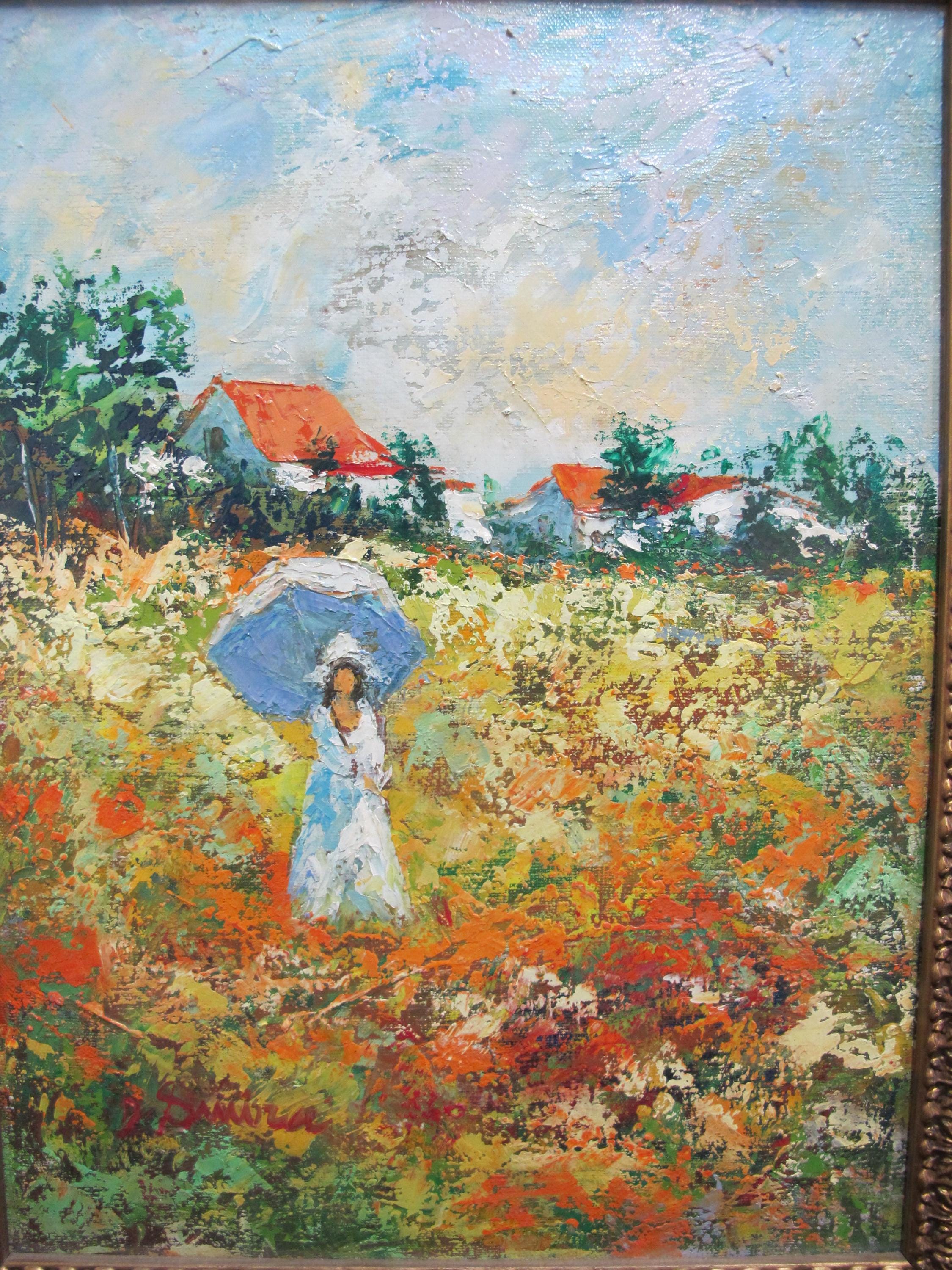 「陽だまりの花」　手描き　肉筆　油絵　風景画　原画　油彩画　印象派 デビッド・スミラ作 額入り印象派「花畑で傘を持つ女性」油絵 - Etsy 日本