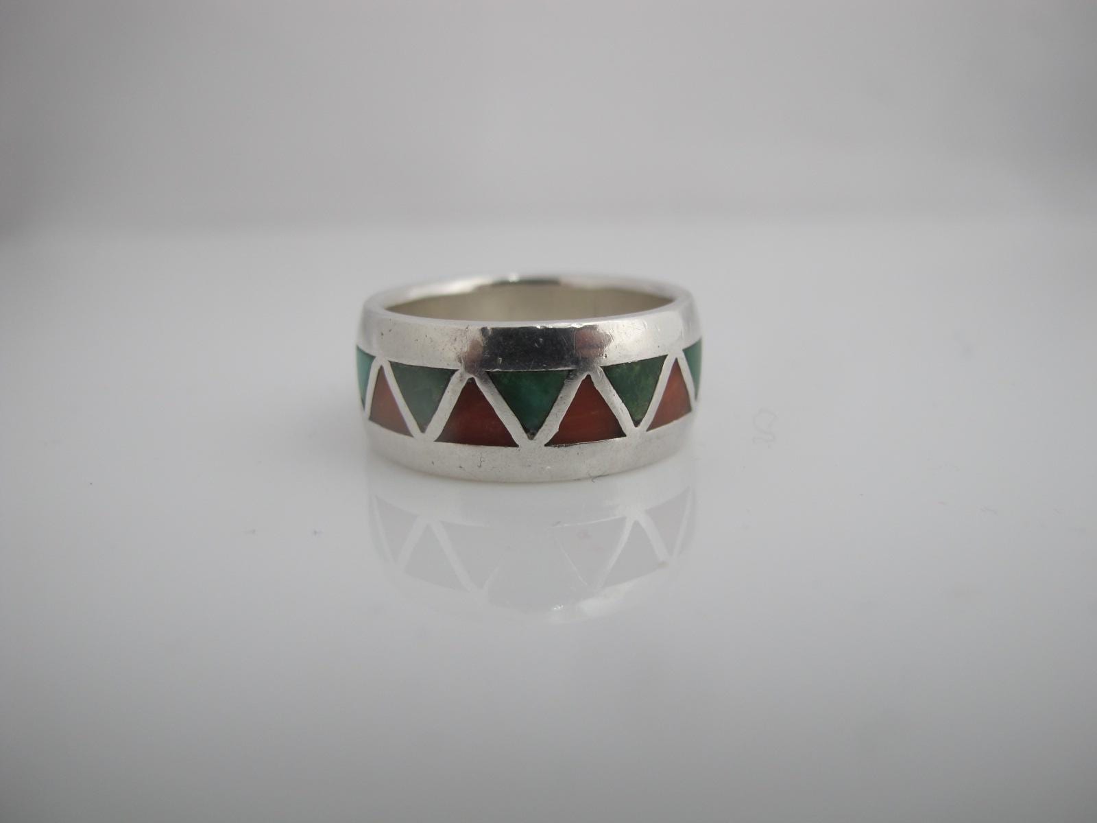 Navajo NATIVE AMERICAN Coral & Turquoise Inlaid GEOMETRIC Triangle