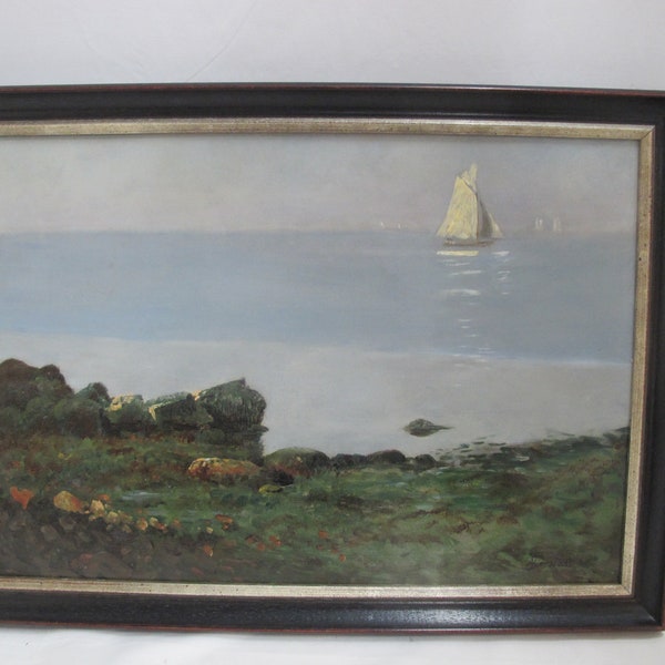 ALBERT BIERSTADT Antique SAILBOAT Beach Coastal Nautical Framed Oil Painting