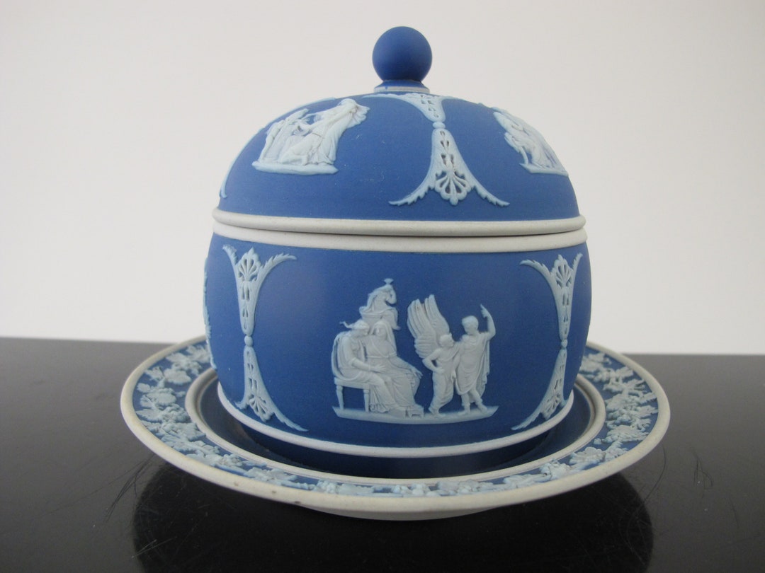 WEDGWOOD Blue Jasperware CAMEO Jam HONEY Pot Sugar Bowl W Lid Etsy