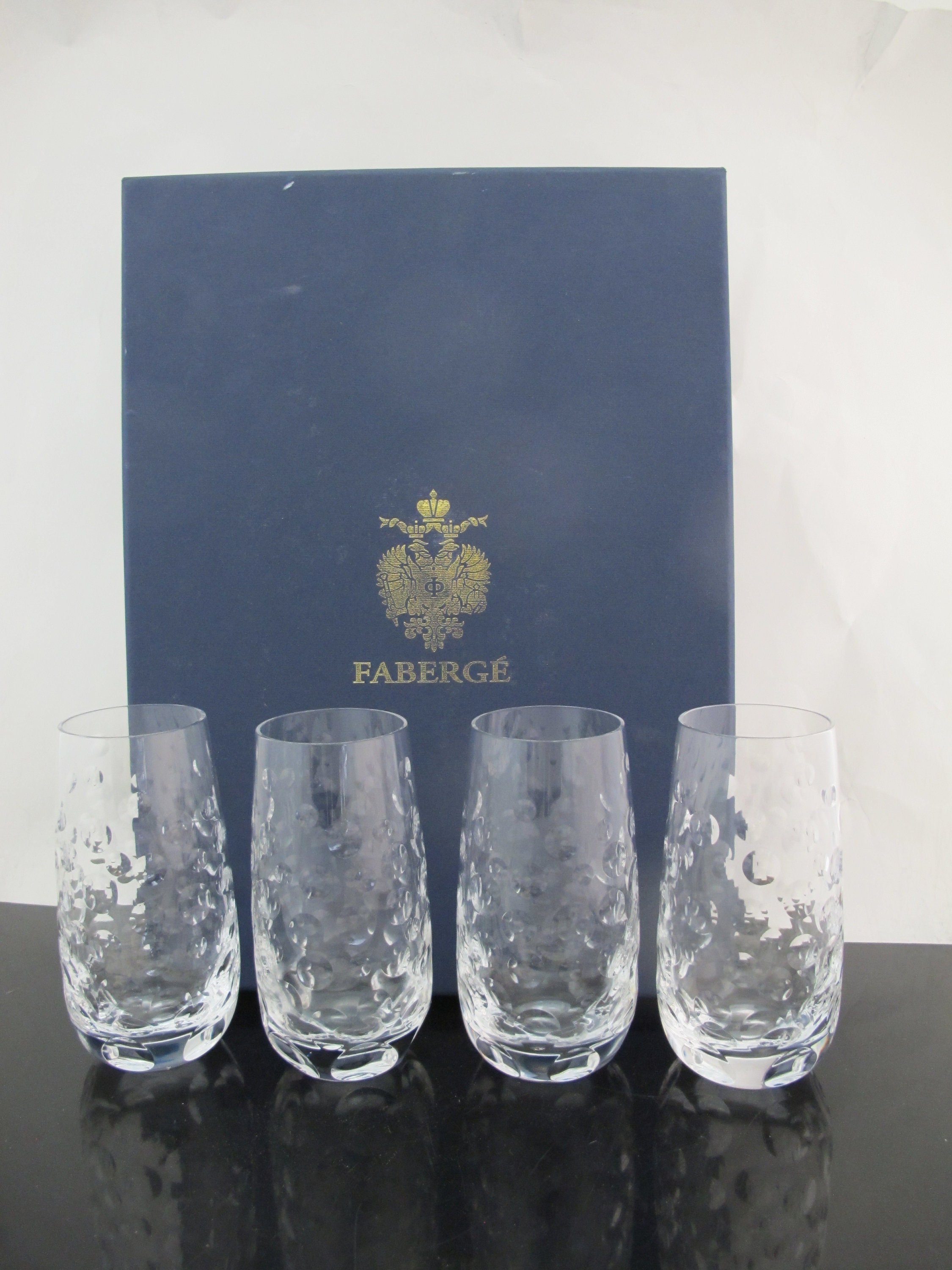 Faberge Martini Black Crystal Glasses set of 2 with the original Faberge  presentation case