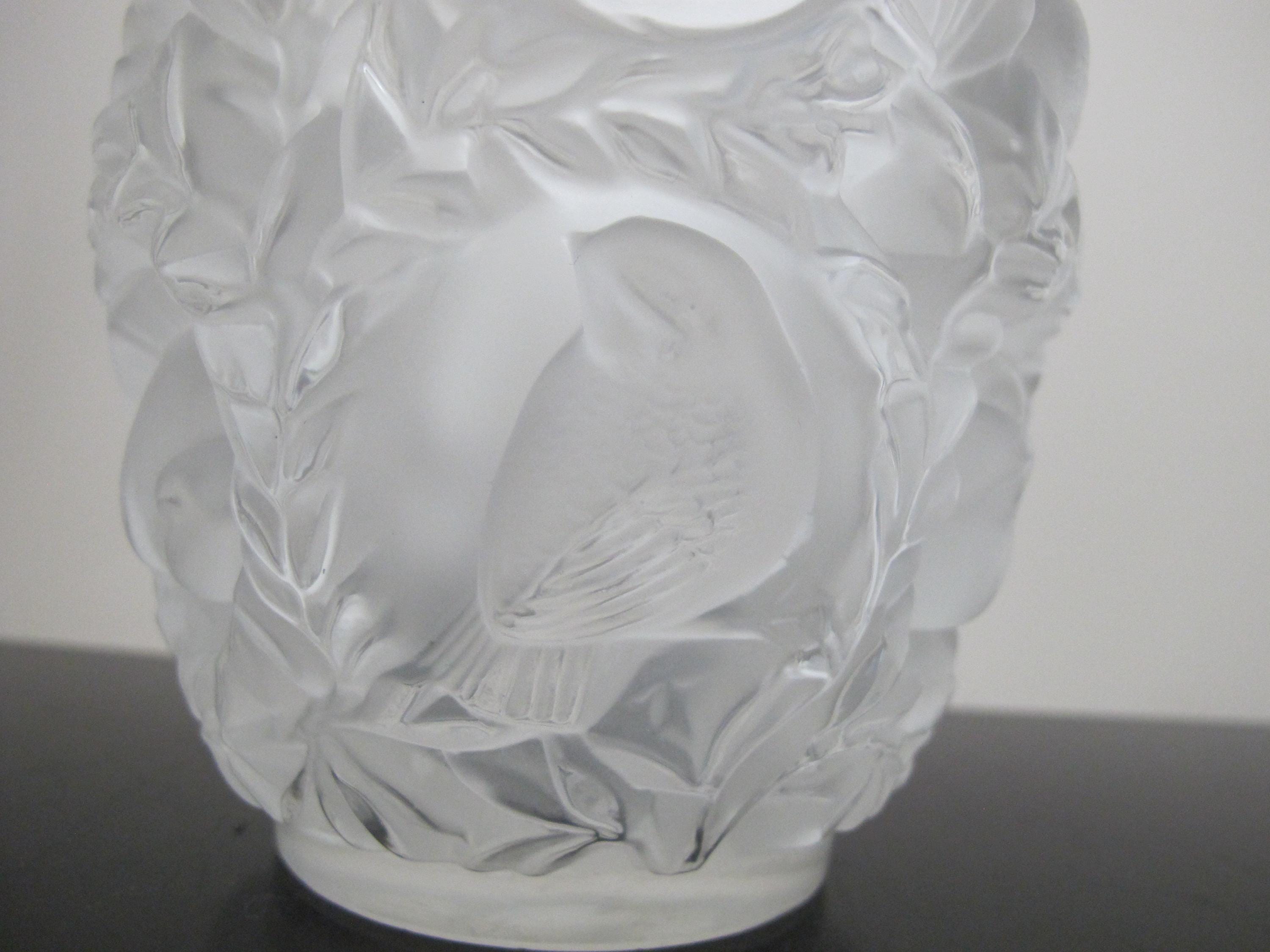 Lalique バガテル　葉と鳥の彫刻 花瓶 LALIQUE France Frosted Crystal BAGATELLE Sparrow Bird Leaves Art 6