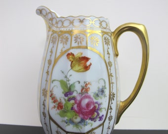 Antique FRENCH Porcelain Gold Gilt Colorful FLOWER BOUQUET Creamer Pitcher