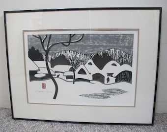 斎藤清 サイン入り 額入り 会津木版画「冬の橋」 - Etsy 日本
