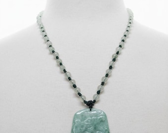 CHINESE Carved Green Jade HORSE Over Clouds Pendant Beaded Cord Necklace