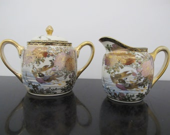 JAPANESE Gold Gilt Satsuma Flower Duck Porcelain CREAM & SUGAR Bowl Set