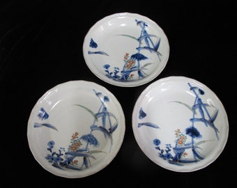 JAPANESE Arita Blue Porcelain Flower Scallop Rim KAKIEMON Plate Set of 3