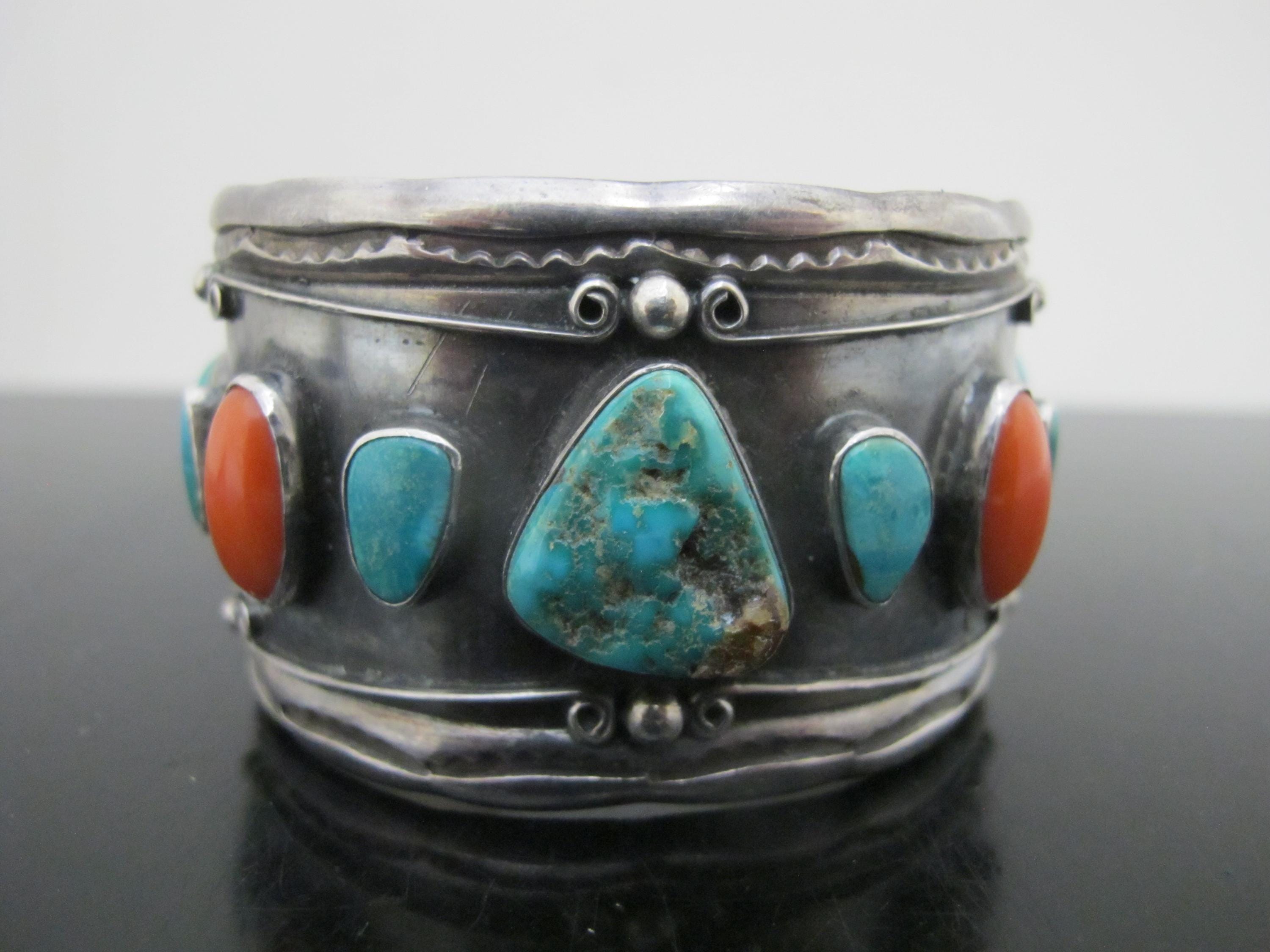 Fine Heavy NAVAJO Native Sterling Silver TURQUOISE & CORAL Chunky Cuff Bracelet