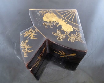 Vintage JAPANESE Black Lacquer Wood Box in FAN Shape With Gold Gilt Detail