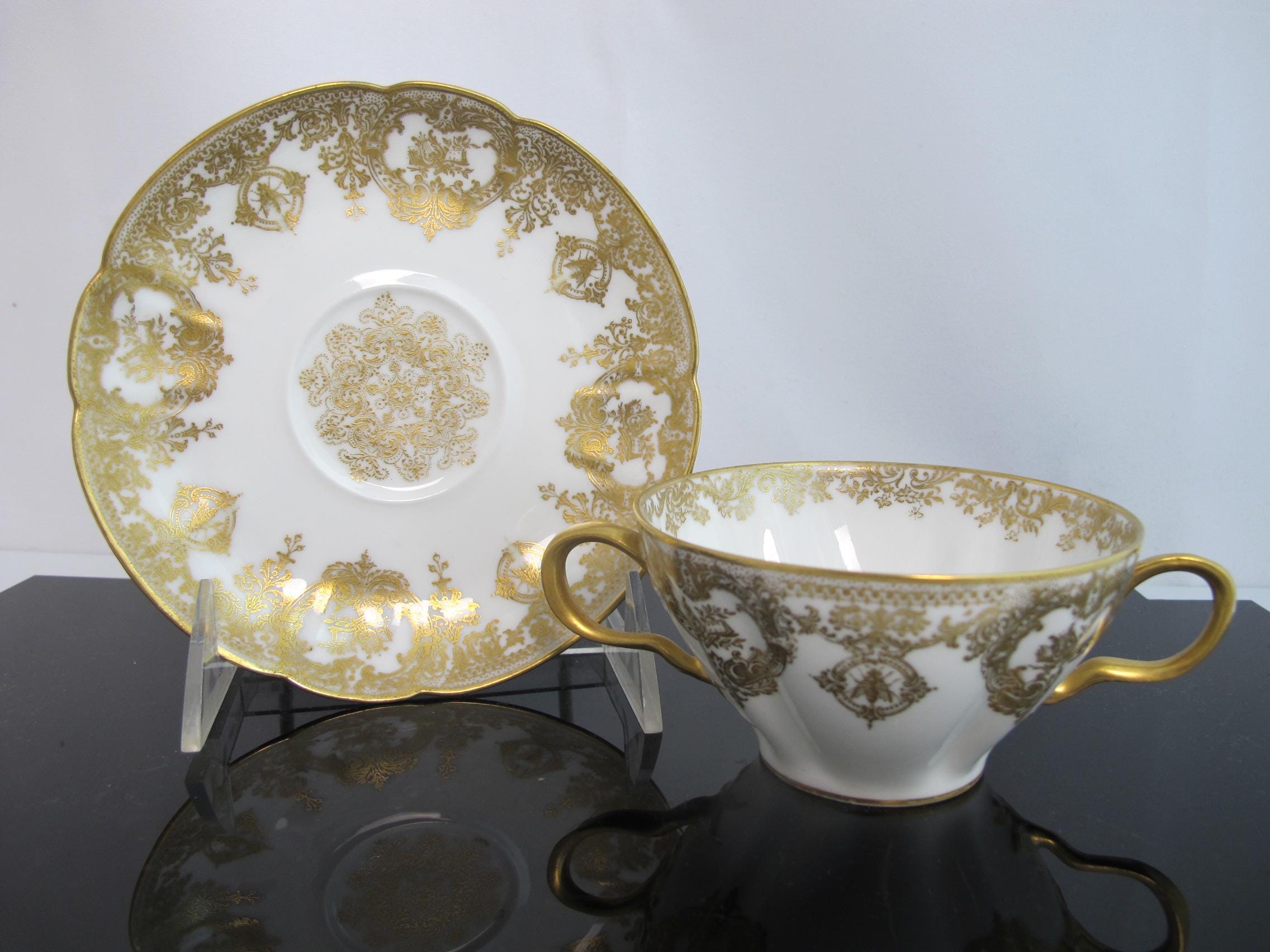HAVILAND Limoges Rococo Style INSECT Floral Scroll Porcelain Soup Cup ...