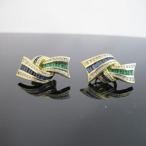 Charles KRYPELL Sapphire Emerald & Diamond 18k Gold ART DECO Ribbon Earrings