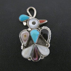 Native ZUNI Sterling Silver Coral TURQUOISE Mother of Pearl THUNDERBIRD Pendant