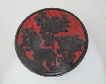 CHINESE Red with Carved Black Flowers & Branches Round LACQUER Lidded Box