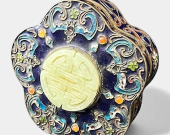 Antique Chinese Carved Jade and Cloisonne Enamel Trinket Box