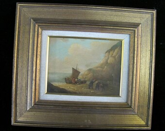 Small Antique Fine GERMAN Oil Painting of FISHERMEN Gold Gilt Frame