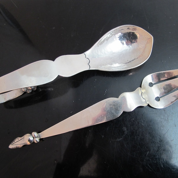 SANBORNS Mexico Sterling Silver BERRY Leaf Design SALAD Serving Spoon Fork Set