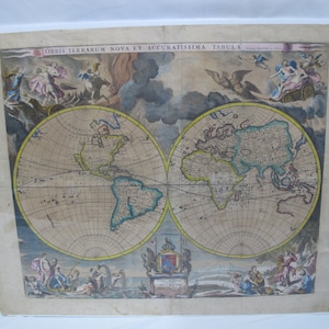 Antike 1680 Orbis Terrarum Nova und Genaue Tabula 2 Hemisphere WELTKARTE