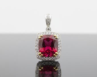 Charles KRYPELL Cushion RUBELLITE & Diamond 18k 2 Tone Gold Necklace Pendant