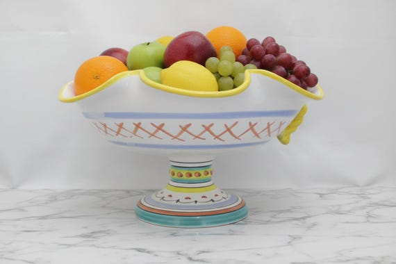 Demarle フルーツ装飾ボウル Made in Italy DERUTA Italian Colorful MAIOLICA Pottery Tazza Pedestal Fruit BOWL