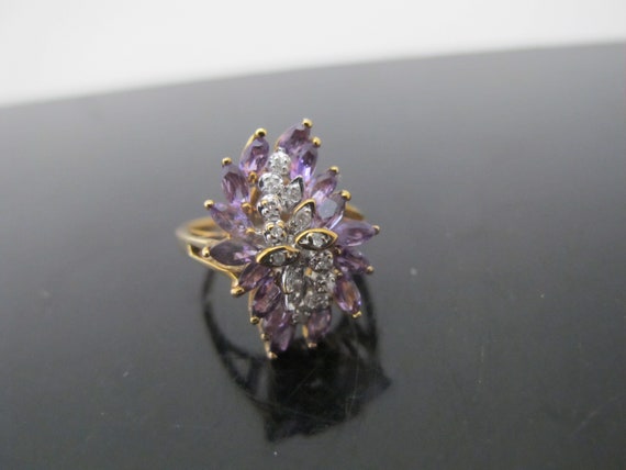 Purple AMETHYST & Diamond Leaf CLUSTER 10k Yellow… - image 5