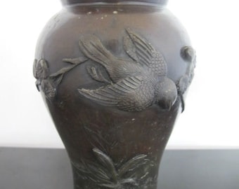 Vintage Chinese Asian Flower BRONZE Vase w/BIRD Blossom & Bamboo Design