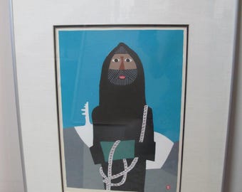 Azechi UMETARO Signed Japanese Woodblock MOUNTAINEER Man with Rope
