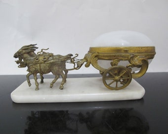 Antique FRENCH Gilt Metal Opaline Glass EGG Goat Cart Trinket Box