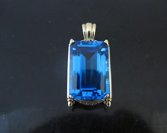 Impressive 78ct Blue TOPAZ 14k Yellow Gold FILIGREE Necklace PENDANT