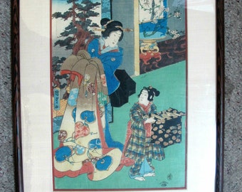 Framed Antique KUNISADA II Japanese Woodblock c1858 Courtesan & Helper