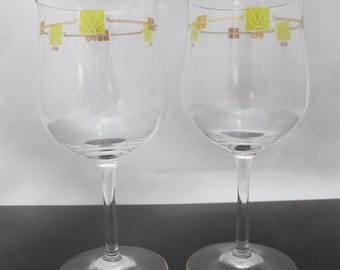 MCM Mid Century Modern guld- och grön emaljkristall VINGLAS Bägare Par