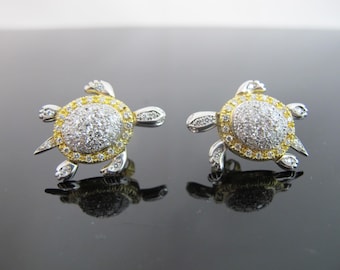 Diamond SEA TURTLE with Movable Parts 18k Two Tone Gold Post Earrings