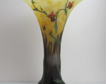 Antique DAUM Nancy Etched Enamel ORCHID & INSECT Vase 12.75" Tall Art Glass Vase