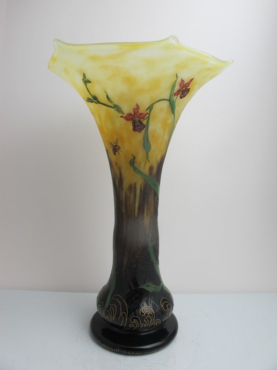 Antique DAUM Nancy Etched Enamel ORCHID & INSECT Vase 12.75
