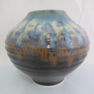 CRYSTALLINE Turquoise & Brown Signed Studio Pottery 7.5&quot; Planter Vase