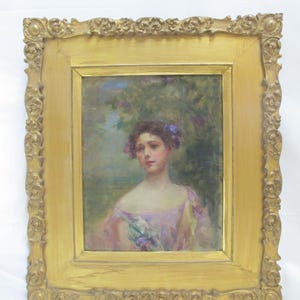 LETITIA Bonnet Hart Dipinto ad olio antico RITRATTO di giovane ragazza con cornice dorata d&#39;epoca