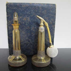 Vintage MOSER Amber BOHEMIAN Glass Atomizer PERFUME Bottle Set Pair in Case