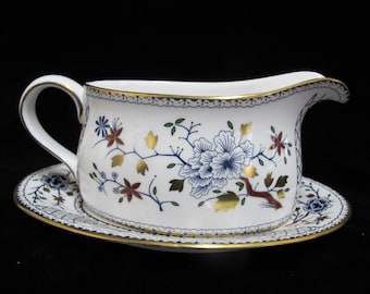 ROYAL Crown DERBY Bone China Flower MANDARIN Blue Gravy Boat Pitcher Underplate
