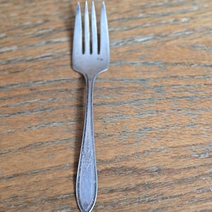 May include: A silver fork with an ornate design on the handle.